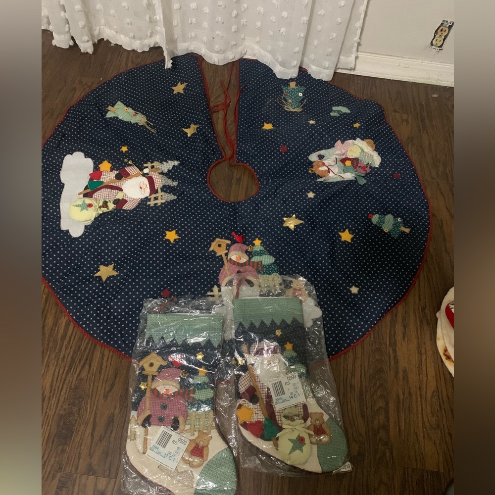 Chadwick's tree skirt and 2 stockings